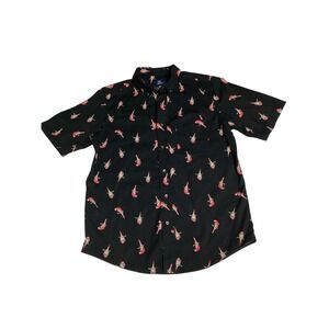 George Mens Parrot Print Short Sleeve Button Down Shirt Black Tropical Size M